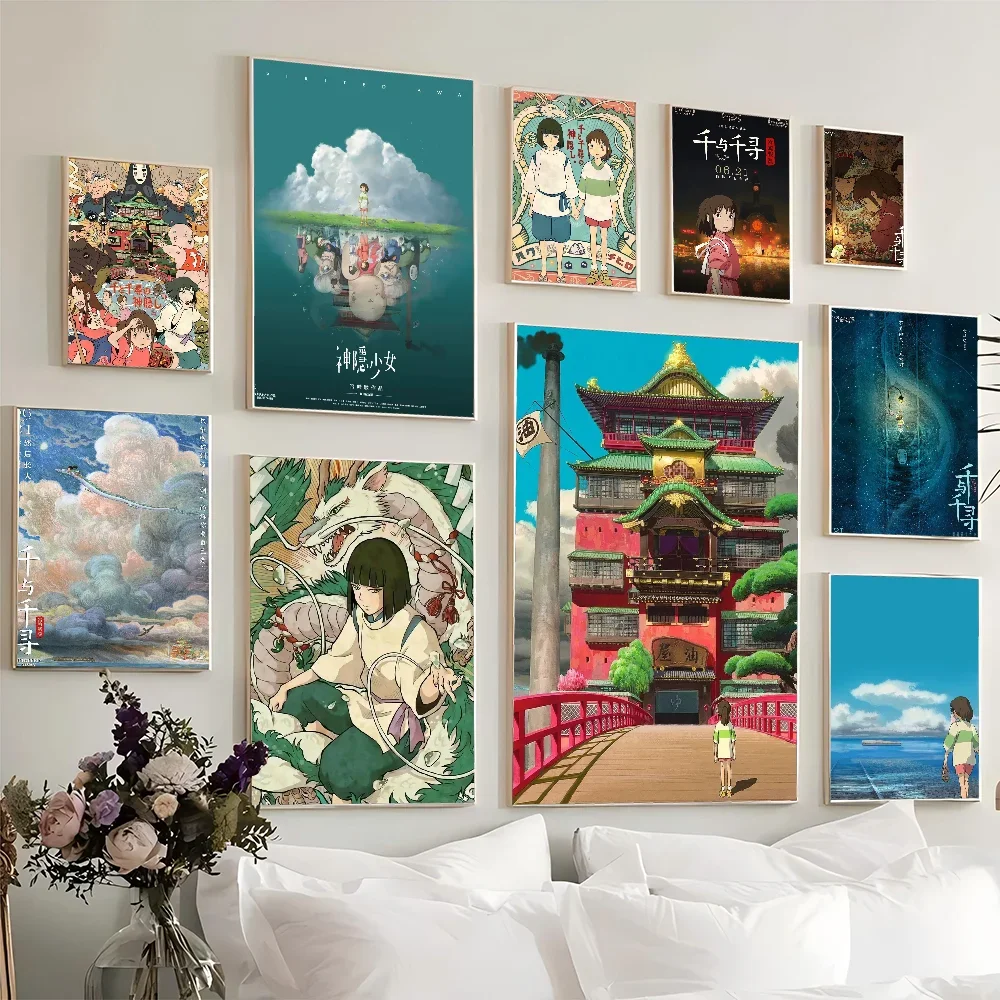 1PC Spirited Away Poster Movie Sticky Posters Retro Kraft Paper Sticker DIY Room Bar Cafe Aesthetic Art Wall Painting