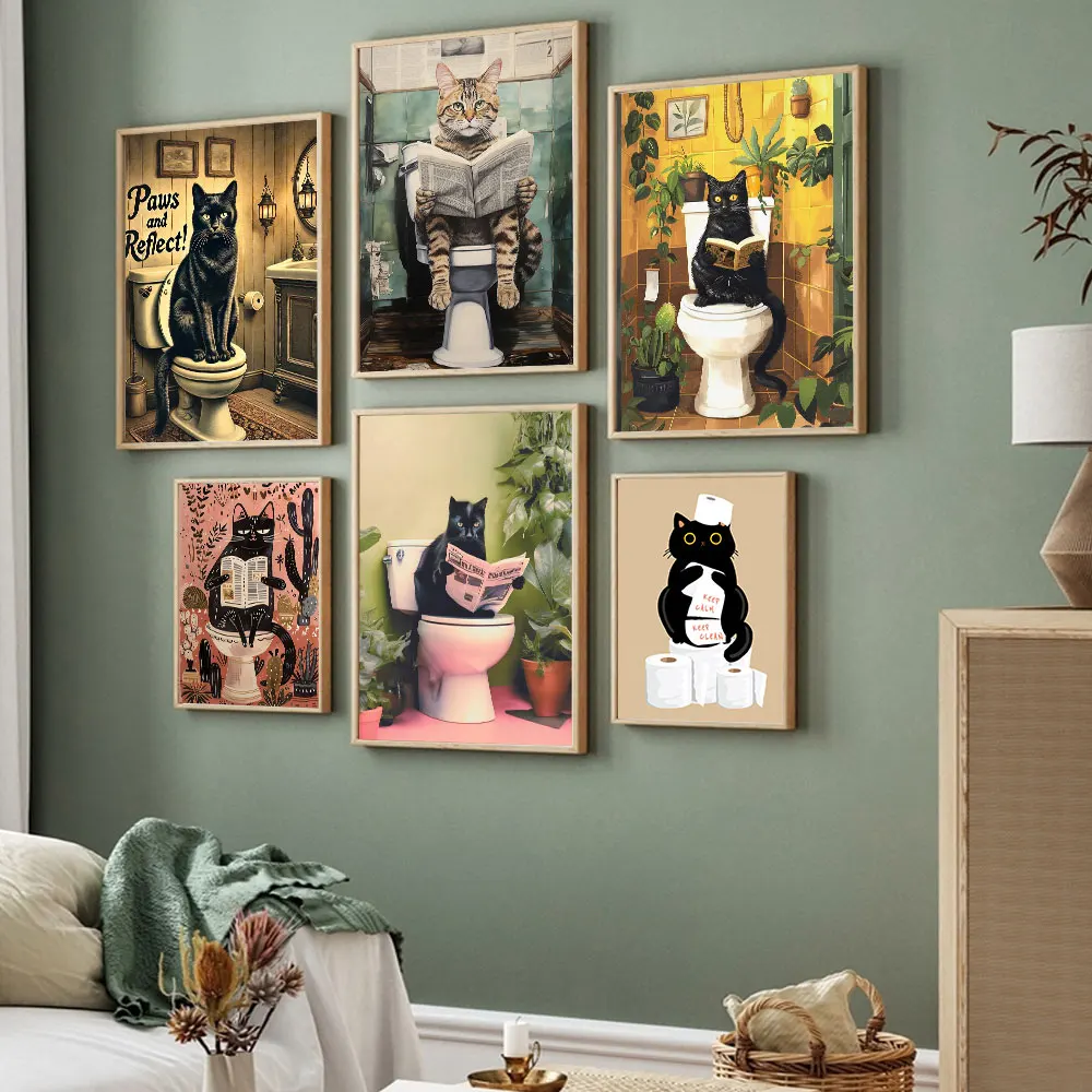 Funny Black Cat On The Toilet Reading Poster Animal Bath Prints Canvas Painting Wall Art Pictures for Toilet WC Bathroom Decor